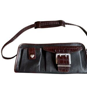 BRIGHTON Black LEATHER Shoulder Bag With Brown Croc Trim And Pockets